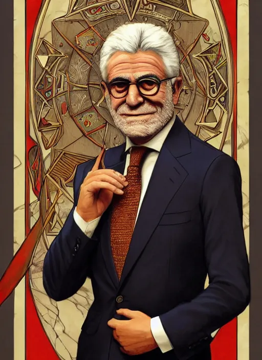 Prompt: sergio mattarella, b, wearing a suit, tarot card, deep focus, d & d, fantasy, intricate, elegant, highly detailed, digital painting, artstation, concept art, matte, sharp focus, italian flag, illustration, hearthstone, art by artgerm and greg rutkowski and alphonse mucha