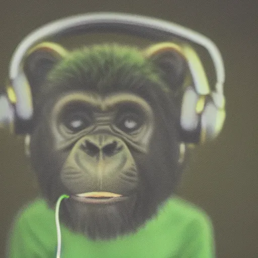 Image similar to a high quality photo of a green chimp wearing headphones, realism, 8k