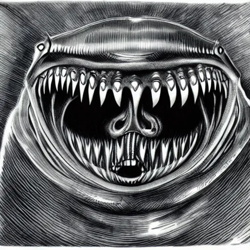 Image similar to giger illustration of a shark, Alien mouth