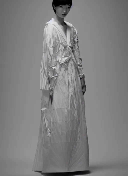 Prompt: a portrait of a japanese model detailed features wearing a wedding dress - chic'techno fashion trend lots of zippers, pockets, synthetic materials, jumpsuits. - by issey miyake by ichiro tanida and mitsuo katsui