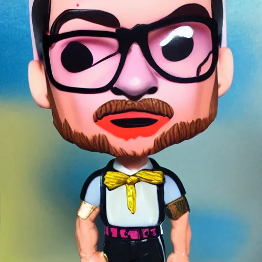 Prompt: jeffrey dahmer dragqueen funko pop, a funko pop on a table, oil painting