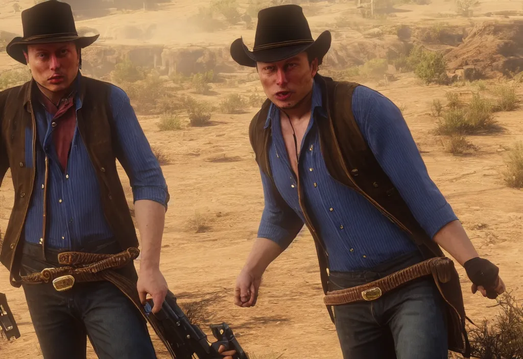 Image similar to elon musk in the red dead redemption 2, elon musk in the video game red dead redemption 2, gameplay screenshot, close up, 3 d rendering. unreal engine. amazing likeness. very detailed.