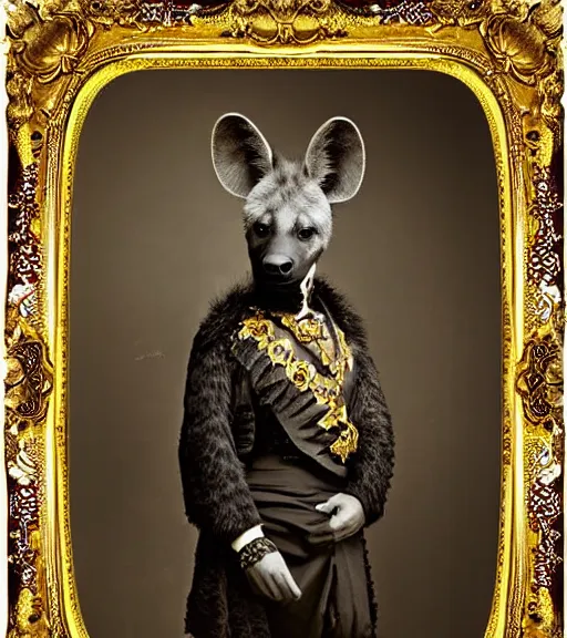 Image similar to professional studio photo portrait of anthro anthropomorphic spotted hyena head animal person fursona smug smiling wearing elaborate pompous royal king robes clothes gold frame by Louis Daguerre daguerreotype tintype