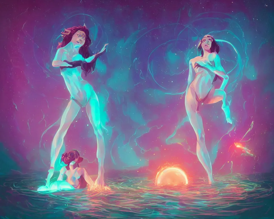 Prompt: beautiful determined goddess standing in a lake basking in the moonlight, conjuring a demon, underneath a multi-colored binary blackhole with an accretion disc, glowing trails following her arms, wearing professional makeup, synthwave, by Lois van Baarle, by Greg Rutkowski, by artgerm, by beeple, by studio ghibli, cinematic angle, volumetric lighting, 4k resolution, octane render, trending on artstation, masterpiece