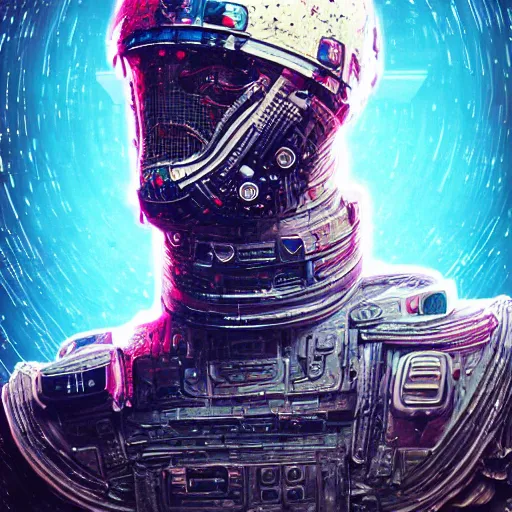 Image similar to portrait of a space roman soldier, spqr. intricate abstract. cyberpunk, vhs glitch. full face broken helmet. intricate artwork. nightmare fuel. terrifying. empty oxygen tank. by Tooth Wu, wlop, beeple, dan mumford. octane render, trending on artstation, greg rutkowski very coherent symmetrical artwork. cinematic, hyper realism, high detail, octane render, 8k, iridescent accents, black and white