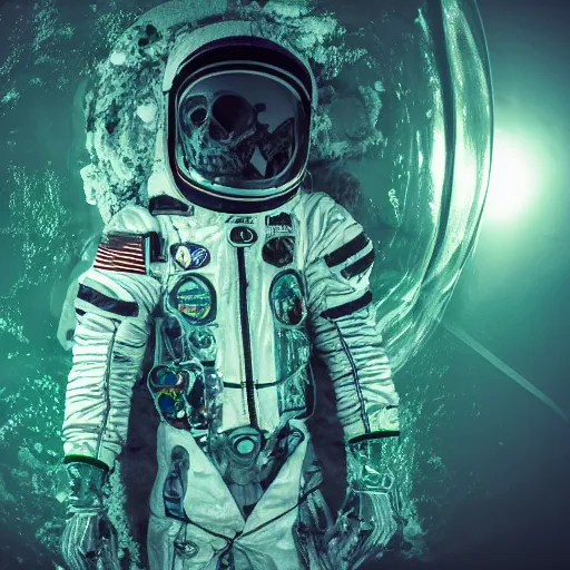 Prompt: skeleton inside a spacesuit in the ocean, green tint, feeling of dread, photo, 4k, very grainy