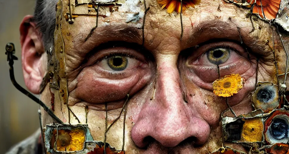 Image similar to an extreme close up portrait a very ordinary middle-aged man with a sad expression, front angle, by Anselm Kiefer and Lucian Freud and Jenny Saville, oil painting, rust, Scaffolding, rusted metal and sunflowers, iron cladding, decay, mixed media, textured, anatomically correct, beautiful perfect face, visible brushstrokes, sharp focus, Highly Detailed, Cinematic Lighting, 8k, HD