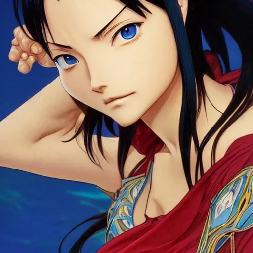 Image similar to highly detailed vfx portrait of nico robin by eiichiro oda!, makoto shinkai, alphonse mucha, sharp focus, art by artgerm and greg rutkowski!, backlit, harsh overhead sunlight, blue eyes!!, large aquiline nose!!, kaoru mori, best of behance,