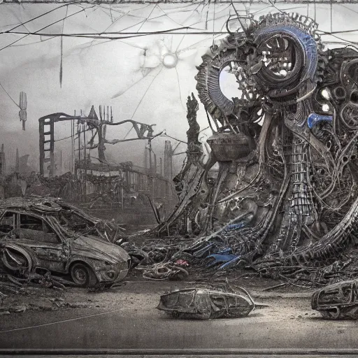 Image similar to a junkyard for cyborgsl, horror art by beksinski and szukalski and giger and and pyromallis and dzo and iris compiet and seb mckinnon and, technical drawing, blueprint, highly detailed, intricate, sharp focus, trending on artstation hq, deviantart, unreal engine 5, 4 k uhd image