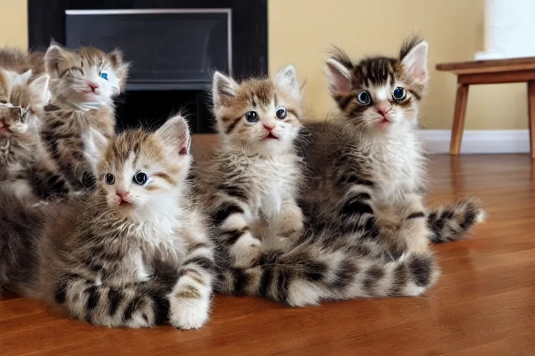 Prompt: a living room full of highly detailed realistic cute kittens