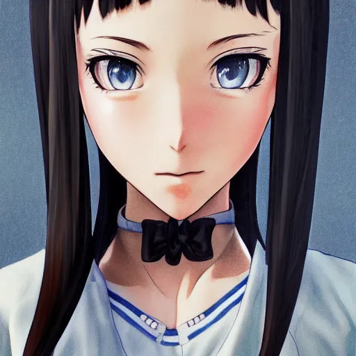 Image similar to astonishing portrait of a very beautiful anime high-school girl with black hair ponytail, white ribbon, full perfect face, realistic, highly detailed background, artstation, 120 degree view, drawn by Sasoura, Satchely and Akihiko Yoshida, no distortion