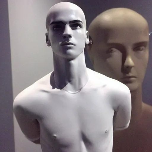 Image similar to “ a realistic detailed photo of a guy who is an attractive humanoid who is half robot and half humanoid, who is a male android, soccer player antoine griezmann, shiny skin, posing like a statue, blank stare, at the museum, on display ”