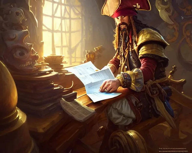 Prompt: a pirate doing his tax return, deep focus, d & d, fantasy, intricate, elegant, highly detailed, digital painting, artstation, concept art, matte, sharp focus, illustration, hearthstone, art by artgerm and greg rutkowski and alphonse mucha