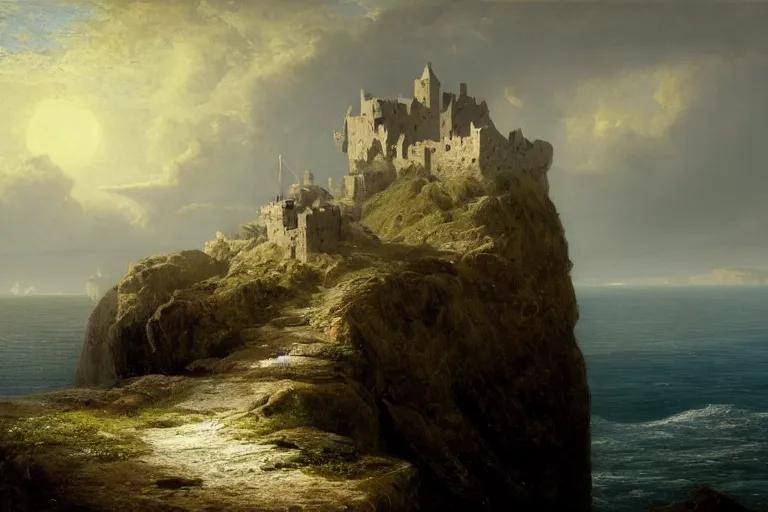 Image similar to an old castle on a seaside cliff at the edge of the world by andreas achenbach and peder balke and martin johnson heade sharp digital painting. dreaming latent space. matte painting, concept art. artstation. digital render. hdr, high dynamic range, global illumination, realistic, 8 k