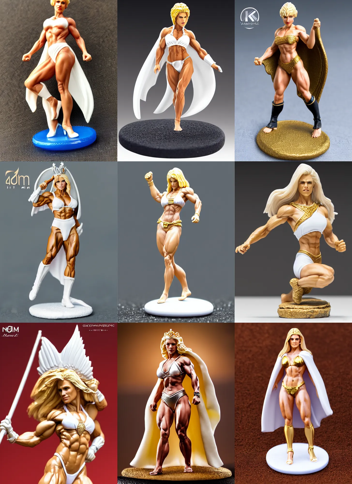 Prompt: 80mm resin detailed miniature of a Very Muscular Queen, long white cape, bikini-armor, light skin, short blonde hair, on textured disc base, Company logo in upper left corner; Miniature product Photo, 4K, Full body
