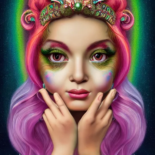 Prompt: a portrait the divine goddess of feminism, rosey cheeks, sparkles on eyelids, long rainbow hair highly detailed, ultra realistic digital painting, rococo, artstation, concept art, pop, smooth, sharp focus, illustration, art by mark ryden and lisa frank 3 d 8 k ultra detailed