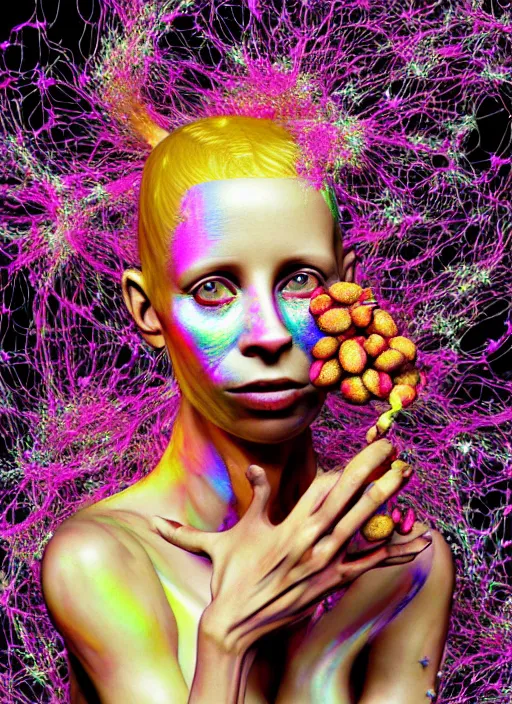 Image similar to hyper detailed 3d render like a Oil painting - Yolandi Visser seen Eating of the Strangling network of yellowcake aerochrome and milky Fruit and Her delicate Hands hold of gossamer polyp blossoms bring iridescent fungal flowers whose spores black the foolish stars by Jacek Yerka, Mariusz Lewandowski, Houdini algorithmic generative render, Abstract brush strokes, Masterpiece, Edward Hopper and James Gilleard, Zdzislaw Beksinski, Mark Ryden, Wolfgang Lettl, hints of Yayoi Kasuma, octane render, 8k