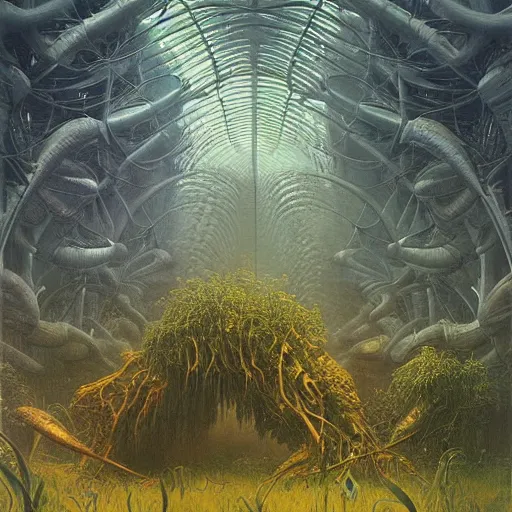 Prompt: epic alien jungle by zdzisław beksinski, greg rutkowski inside a giant futuristic structure by zaha hadid, futuristic organic shapes combined with lush flora