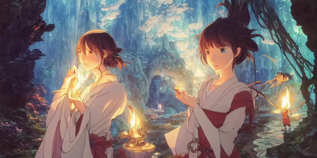 Image similar to the girl and the magic dragons cave. anime movie still. smooth. torches, dark. by hayao miyazaki and rossdraws and artgerm and chie yoshii and detmold and greg rutkowski and alphonse mucha. anime production by studio ghibli. high quality, stunning, intricate detailed environment. 8 k