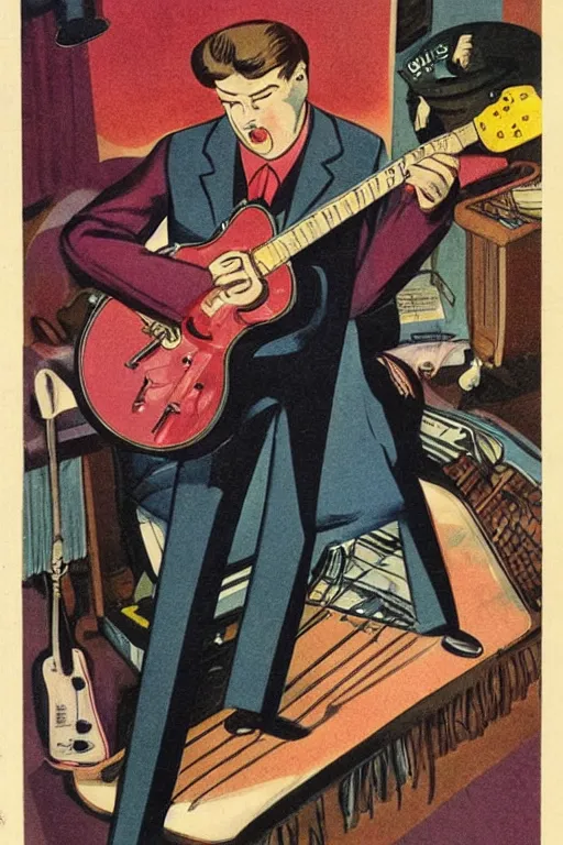 Image similar to guitar in the style of a 50s by Frank Hampson and mcbess, 1950s