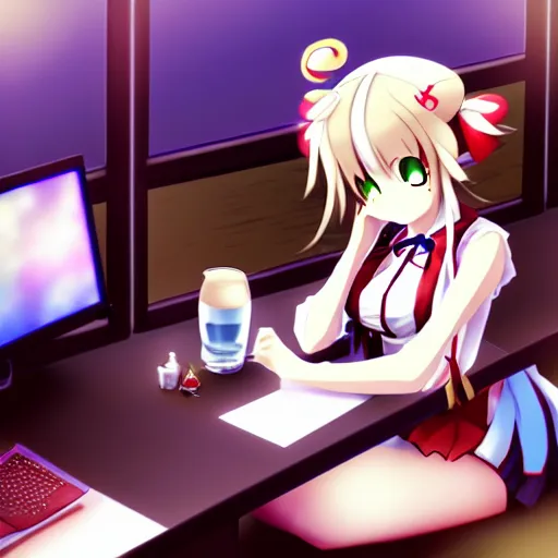 Image similar to suika ibuki from touhou project drinking beer and sitting at a computer, anime art, touhou project, suika, imageboard, personal computer, amazing composition