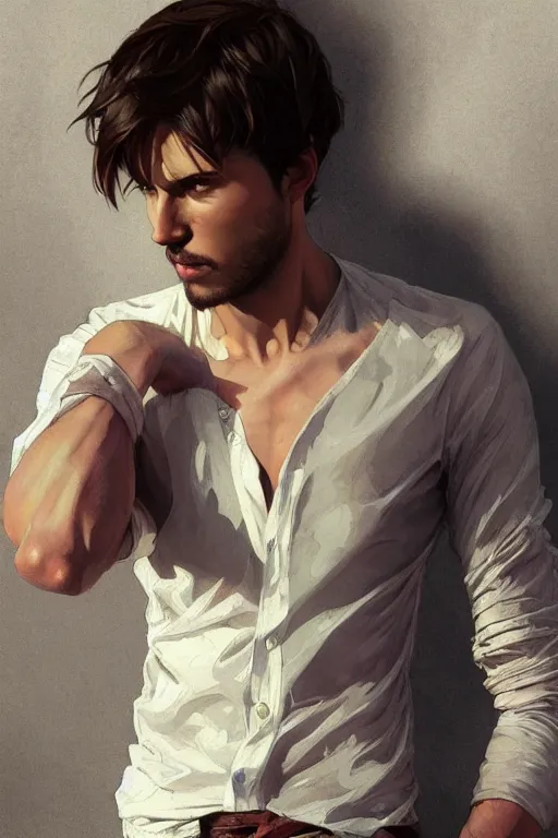 Prompt: full body portrait of a single beautiful young fit man, modern haircut, open shirt, large pants, bare feet, by greg rutkowski and alphonse mucha, d & d character, modern interior room background, highly detailed portrait, digital painting, artstation, concept art, smooth, sharp focus ilustration, artstation hq