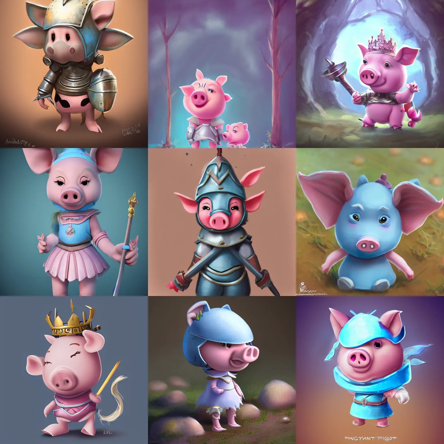 Prompt: very cute and adorable little anthropomorphic piggy knight princess, piglet, cartoon , fantasy forest, pale blue armor, pretty, DeviantArt, Artstation, trending on artstation, Mickael Lelièvre, Jaeyeon Nam, cinematic lighting