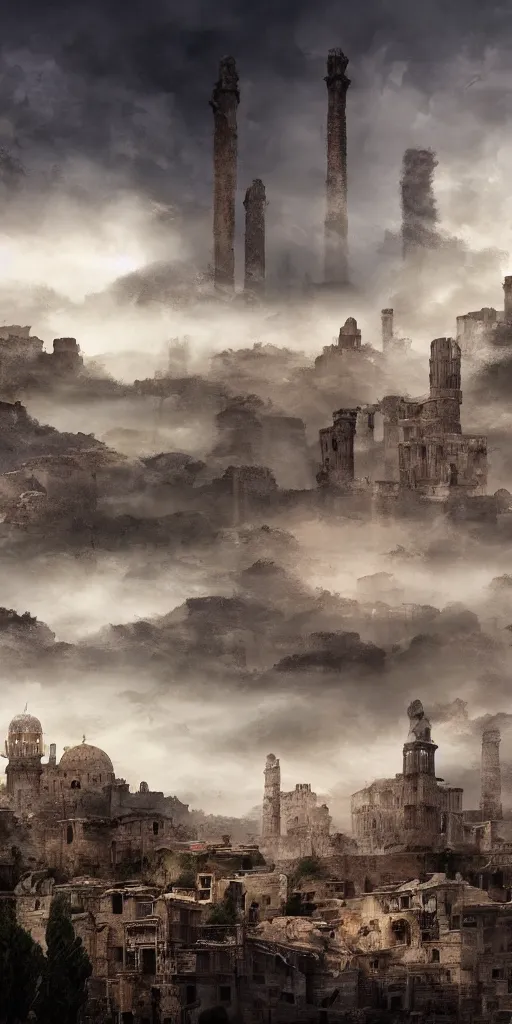 Image similar to epic view of an ancient Byzantine city surrounded by clouds, Giant imposing tower, full of strange statues and murals, full of smoke and dust, hyper real, Indiana Jones, Tomb Raider, trending on artstation, concept art, photorealistic, cinematic, city