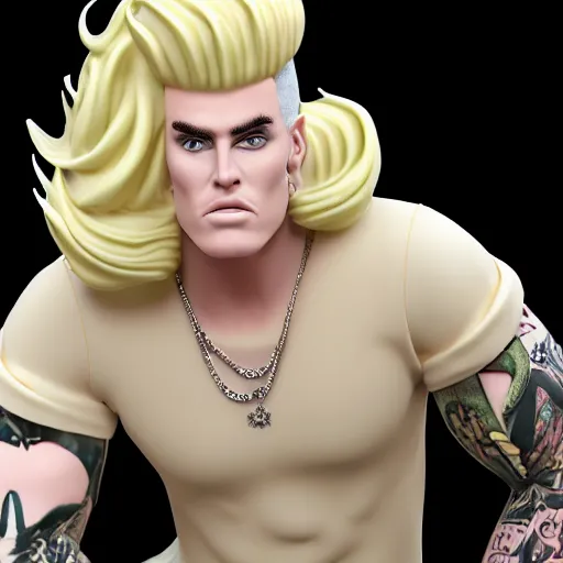 Image similar to vanilla ice but his hair is made out of ice cream vanilla ice cream his hair is completely made out of vanilla vanilla ice cream, realistic, hyperrealistic, ultra realistic, real, real world, highly detailed, very detailed, extremely detailed, intricate details, 8 k resolution, hd quality