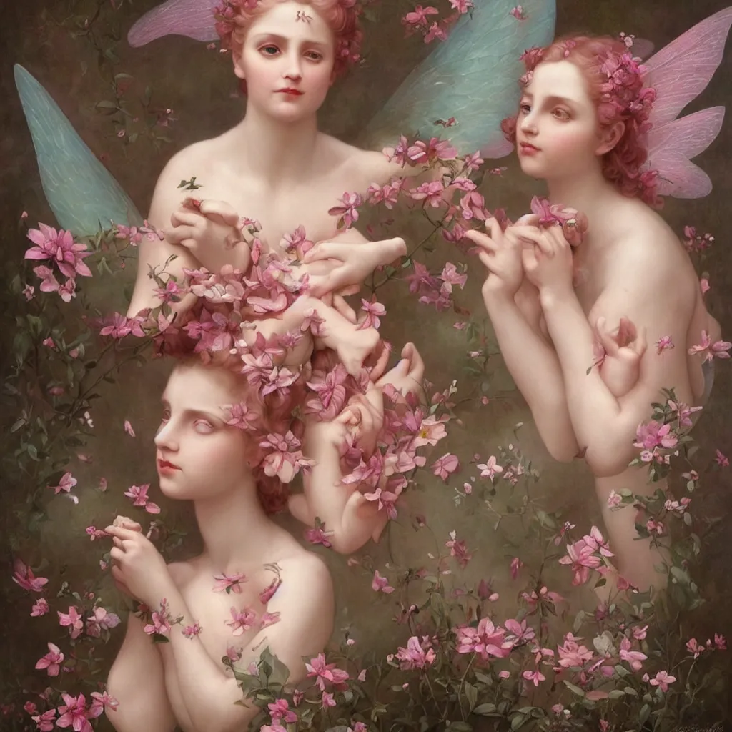 Image similar to one pink fairy with large beautiful wings exploring her lonely flower garden by herself in the style of tom bagshaw, william bouguereau, michelangelo, extremely detailed, muted colors, symmetrical face, large eyes, beautiful face