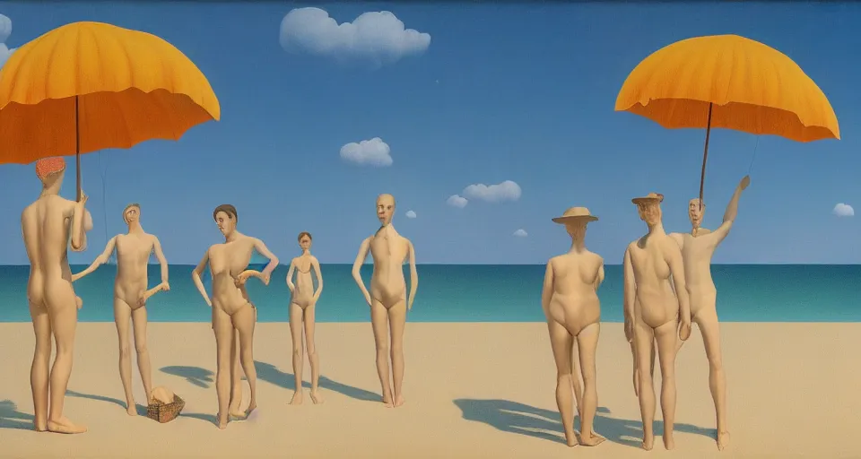 Prompt: a surreal painting by rene magritte, salvador dali, titled'holiday at the beach ', all the people are wearing suits, photorealistic, octane render 8 k