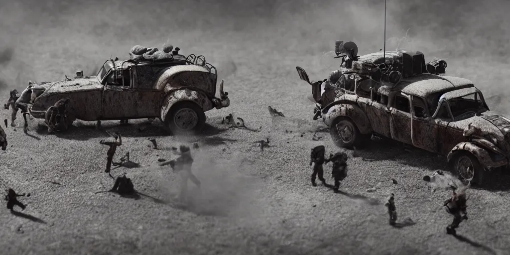 Prompt: needle felt of car chase scene from fury road ( 2 0 1 5 ), tilt shift, action shot, explosions, dust, detailed textures, dramatic light, god rays