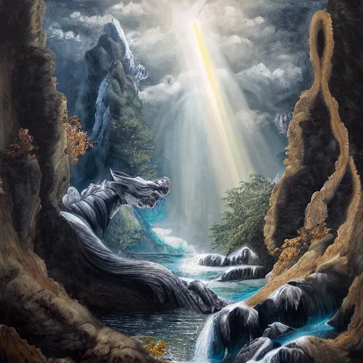 Image similar to oil painting of a dragon flying in the air near a cave with a waterfall in the center, light emanating from the waterfall leading to a big pool of water, dragon has black and white siberian tiger stripes, elegant, sharp focus, wide shot, clear, detailed, early renaissance