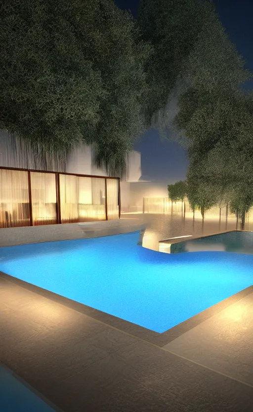 Image similar to swimming pool at night, soft render, volumetric lighting, 3d aesthetic grainy illustration