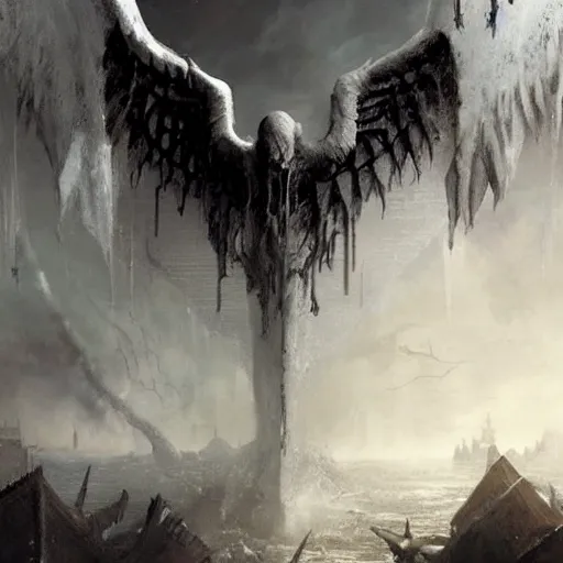 Image similar to in the drakest place in the world, a world of horror, films of all time : : and a stunning white gothic angel, is the experience of all, members of your family who, and reward players for their success, concept art, artwork by greg rutkowski, trending