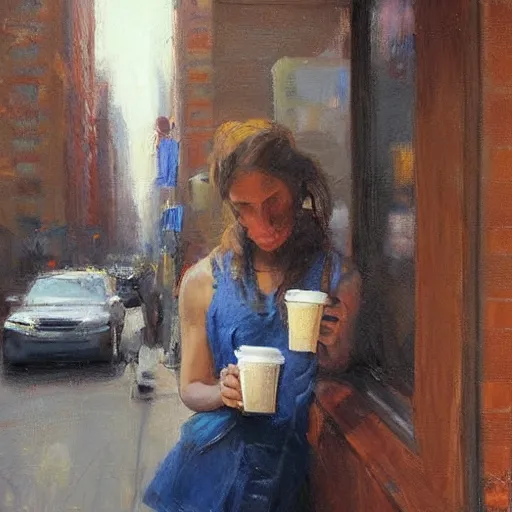 Prompt: “ back view of a girl holding a cup of coffee leaning out of a window overlooking the east village in new york city, morning light, by daniel gerhartz ”