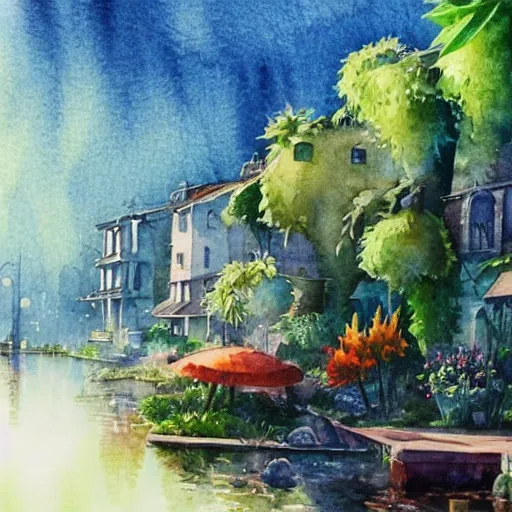 Image similar to Beautiful happy picturesque charming sci-fi town in harmony with nature. Beautiful light. Water and plants. Nice colour scheme, soft warm colour. Beautiful detailed artistic watercolor by Vincent. (2060)