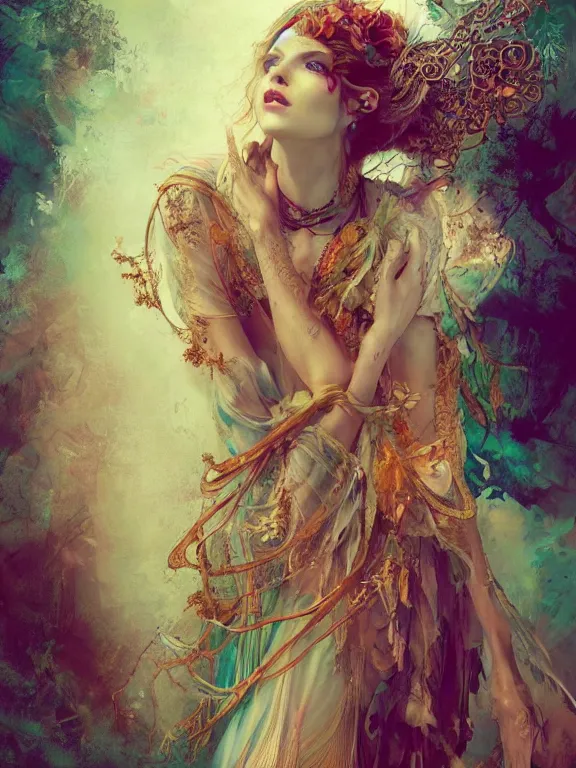 Prompt: Full view Bohemian Maiden Spirit of the woods in a beautiful dress, 4k digital illustration by Ruan Jia and Alberto Seveso, art nouveau iconography background, stunning portrait, amazing magnificent mystical illustration, award winning art, gold details, rim light, tarot card, intricate details, realistic, full view, Artstation, CGsociety