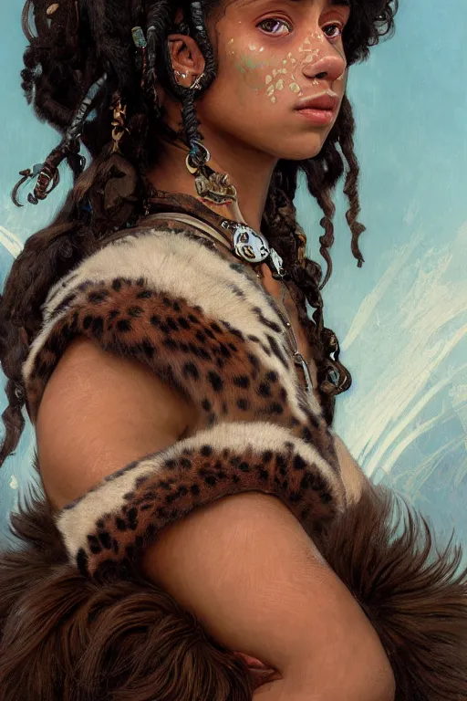 Image similar to portrait of a beautiful young aztec girl with vitiligo, covered in jaguar fur cloths, different colored eyes, curly black and brown hairs, by greg rutkowski and alphonse mucha, d & d character, gradient white to silver, highly detailed portrait, digital painting, artstation, concept art, smooth, sharp focus ilustration, artstation hq