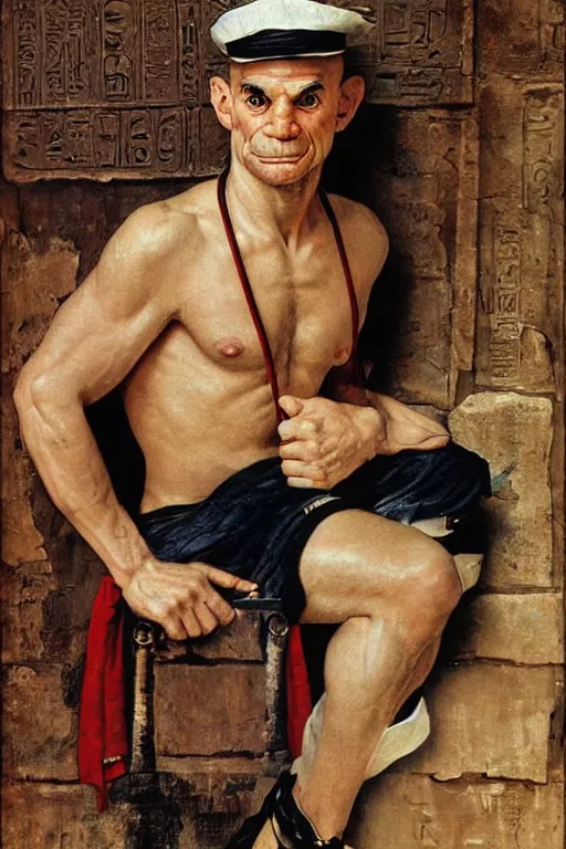 Image similar to a closer personal portrait of popeye with very piercing eyes, very charismatic. in the old ancient temple of luxor. masterpiece, dark. painted by norman rockwell and james gurney