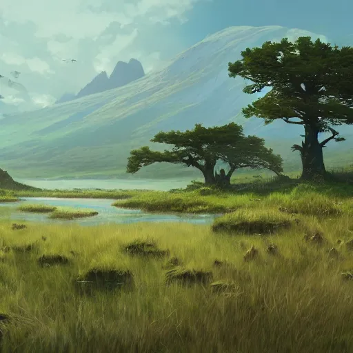 Image similar to concept art painting of a moorland swamp marsh on a plateau with mountainous forest below, realistic, detailed, cel shaded, in the style of makoto shinkai and greg rutkowski and james gurney