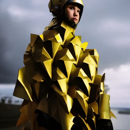 Image similar to a paladin wearing issey miyake armor in the rain, portrait, fashion photography, by martin parr