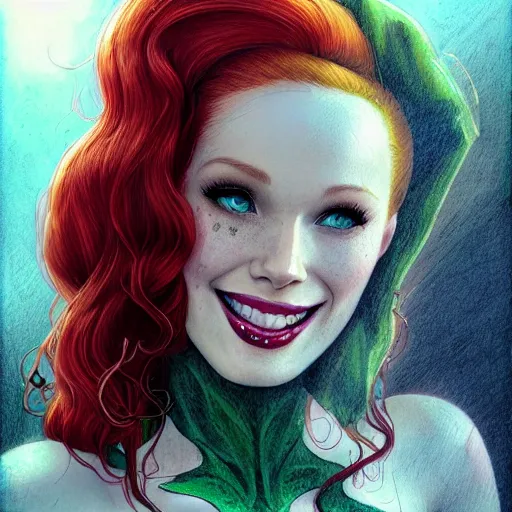 Prompt: beautiful Madelaine Petsch poison ivy DC comics taking a selfie, evil smile, realistic character concept, medium shot, fun pose, comic book, illustration, slender symmetrical face and body, artstation, cinematic lighting, hyperdetailed, high resolution, Charlie Bowater, Tom Bagshaw, single face, insanely detailed and intricate, beautiful