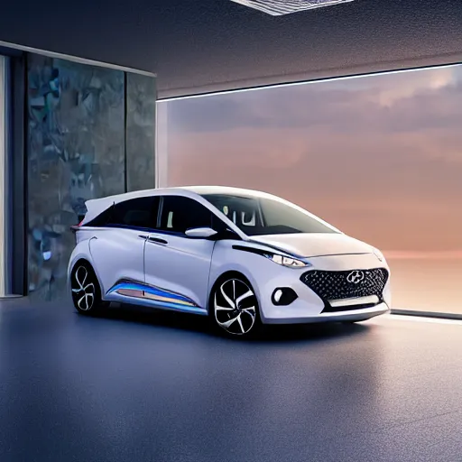 Prompt: a Hyundai N vision 74 on a white garage floor near a window at sunset, hydrogen, 3d render, unreal engine 5, octane render, 4k, low contrast, ray tracing, serene landscape, calm, relaxing, beautiful landscape, highly detailed, high quality, product photo, hyperrealistic, concept art, symmetrical, centered, godrays