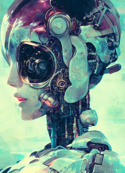 Image similar to surreal illustration, by yoshitaka amano, by ruan jia, by conrad roset, by Kilian Eng, by good smile company, detailed anime 3d render of a female mechanical android, portrait, cgsociety, artstation, modular patterned mechanical costume and headpiece, retrowave atmosphere