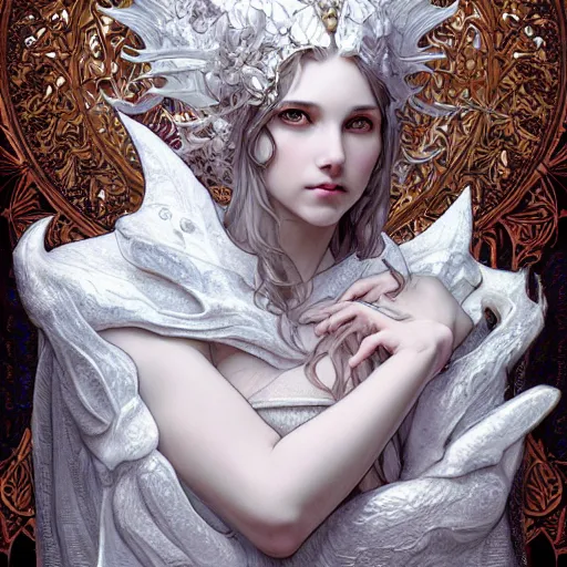 Image similar to a photograpic portrait of a anthropomorphic dragon wearing white clothes, fantasy, intricate, elegant, highly detailed, digital painting, artstation, concept art, smooth, sharp focus, illustration, art by artgerm and H R Giger and alphonse mucha