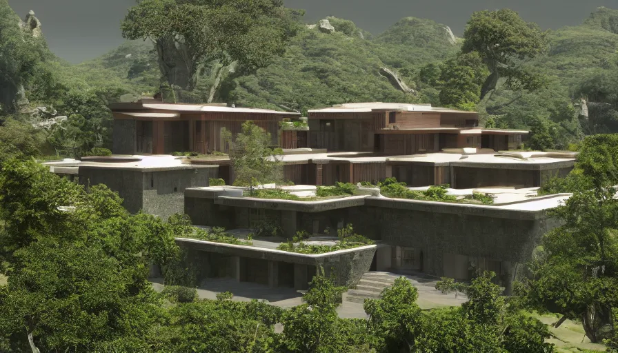 Prompt: villa inspired by tibetan architecture, on a green hill, overlooking a valley with trees, by sant ’ elia frank lloyd wright, zaha hadid, le corbeusier, photorealistic, ray tracing, unreal engine 5, dlsr, 2 4 mm, birds eye view