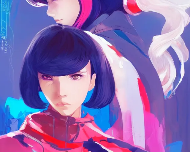 Image similar to poster woman with futuristic streetwear and hairstyle, colourful, cute face, dynamic portrait, intricate eyes,, beautiful, elegant, Anime by Kuvshinov Ilya, Cushart Krentz and Gilleard James, 4k, HDR, Trending on artstation, Behance, Pinterest, award winning