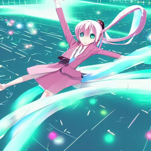 Image similar to high quality art of a hatsune miku is flying with her back to the camera above the night tokyo at bird's - eye height, glowing particles and ribbons follow her arms, glowing advertising banners on buildings depicting hatsune miku are visible in the distance, art by makoto shinkai, crunchyroll, pixiv, danbooru, hd