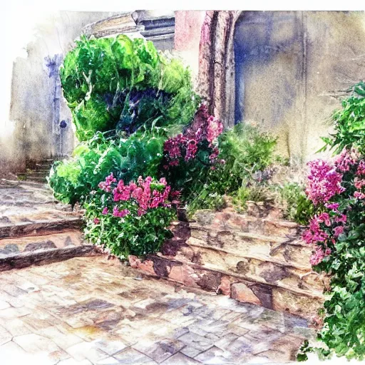 Prompt: delicate, garden, paved, botanic watercolors, iridescent, 8 k, realistic shaded, fine details, artstation, italian, chairs, gate, oak tree, pompeii